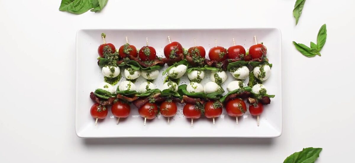 CAPRESE SALAD SKEWERS RECIPE WITH PESTO & BACON